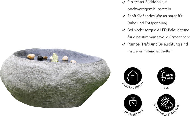 Dehner Gartenbrunnen Rock mit LED Beleuchtung, ca. 60 x 40 x 27.5 cm, Polyresin, grau