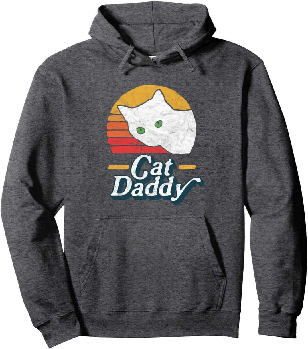 Cat Daddy Vintage Eighties Style White Cat Retro Distressed Pullover Hoodie