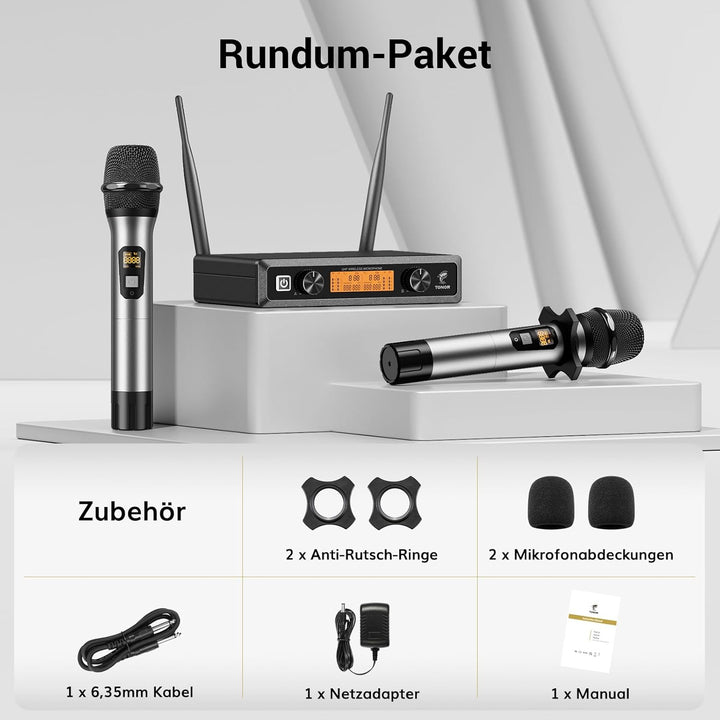 TONOR Wireless Funkmikrofon UHF Professionelles dynamisches drahtloses Dual Mikrofon, Handmikrofonsy