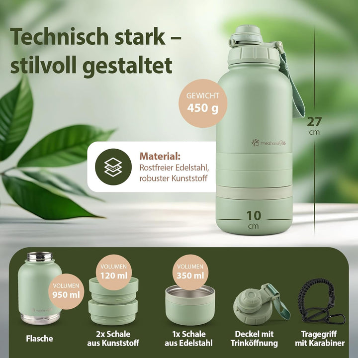 Pets Hundetrinkflasche für unterwegs 1l mit Näpfen -Ideal für Reisen,Outdoor- Isolierte Edelstahl Fl