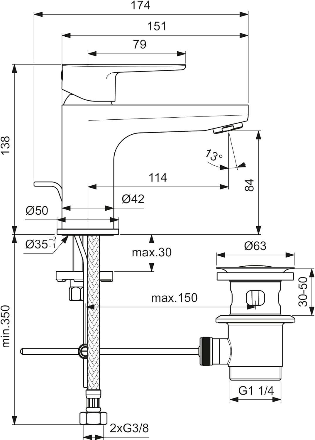Ideal Standard BC698AA Cerafine O Waschtischarmatur mit Zugknopf-Ablaufgarnitur