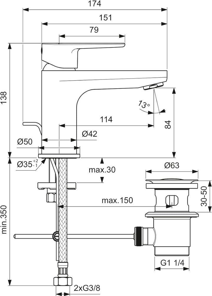 Ideal Standard BC698AA Cerafine O Waschtischarmatur mit Zugknopf-Ablaufgarnitur