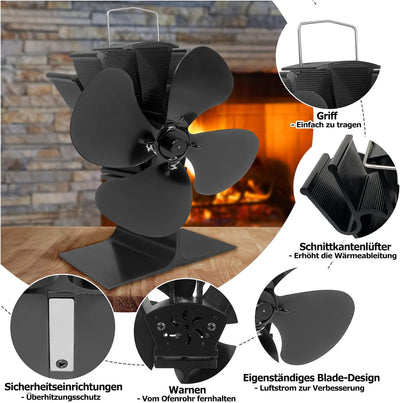 YARDIN Ofenventilator Kaminventilator ohne Strom, Leiser Kamin Ventilator für Kaminofen Holzöfen Feu