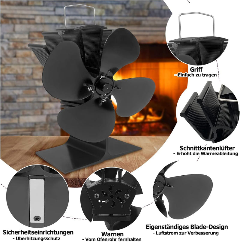 YARDIN Ofenventilator Kaminventilator ohne Strom, Leiser Kamin Ventilator für Kaminofen Holzöfen Feu
