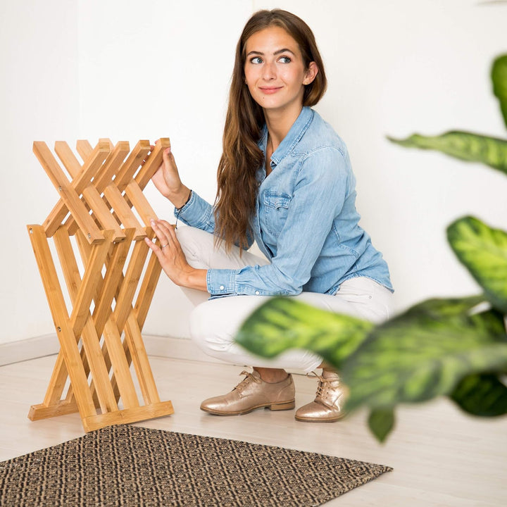 Relaxdays Klapphocker Bambus, natürliche Optik, niedrig, platzsparend faltbar, Hocker für Kinder, HB