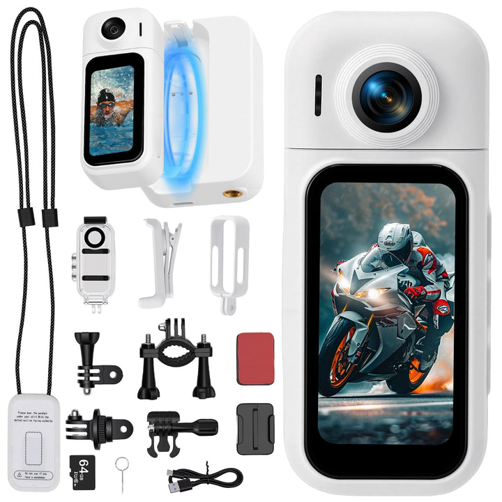 360° Mini Action Kamera mit Touchscreen, Action Body Cam, 30m Wasserdicht, 8h Akku, 120° Weitwinkel,
