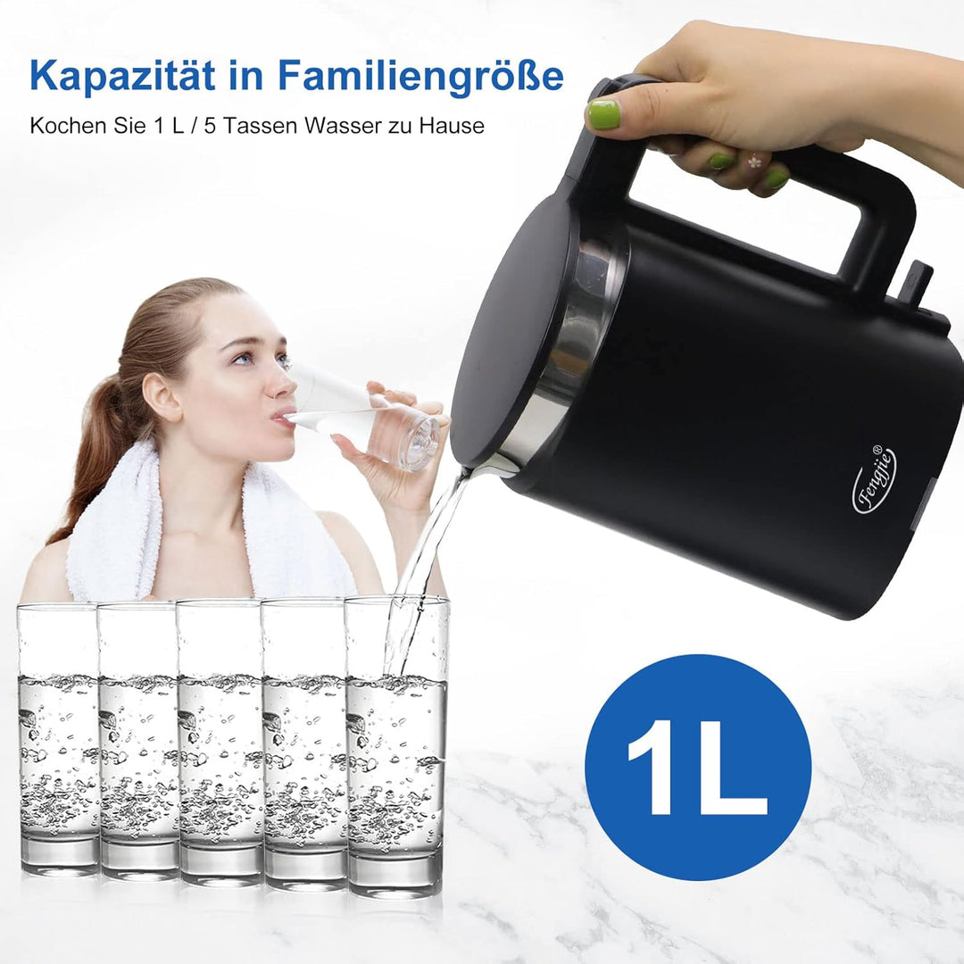 FENGJIE Elektrischer Wasserkocher, 1,0L Edelstahl Teekessel, 1360W BPA Frei Mit Strix Thermostat, Bo