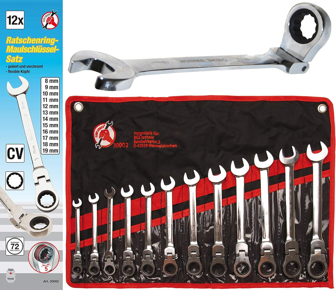 BGS Do it yourself 30002, Ratschenring-Maulschlüssel Satz, Flexible Köpfe, SW 8 - 19 mm, 12-tlg flex