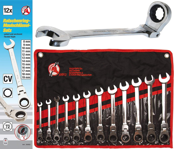 BGS Do it yourself 30002, Ratschenring-Maulschlüssel Satz, Flexible Köpfe, SW 8 - 19 mm, 12-tlg flex