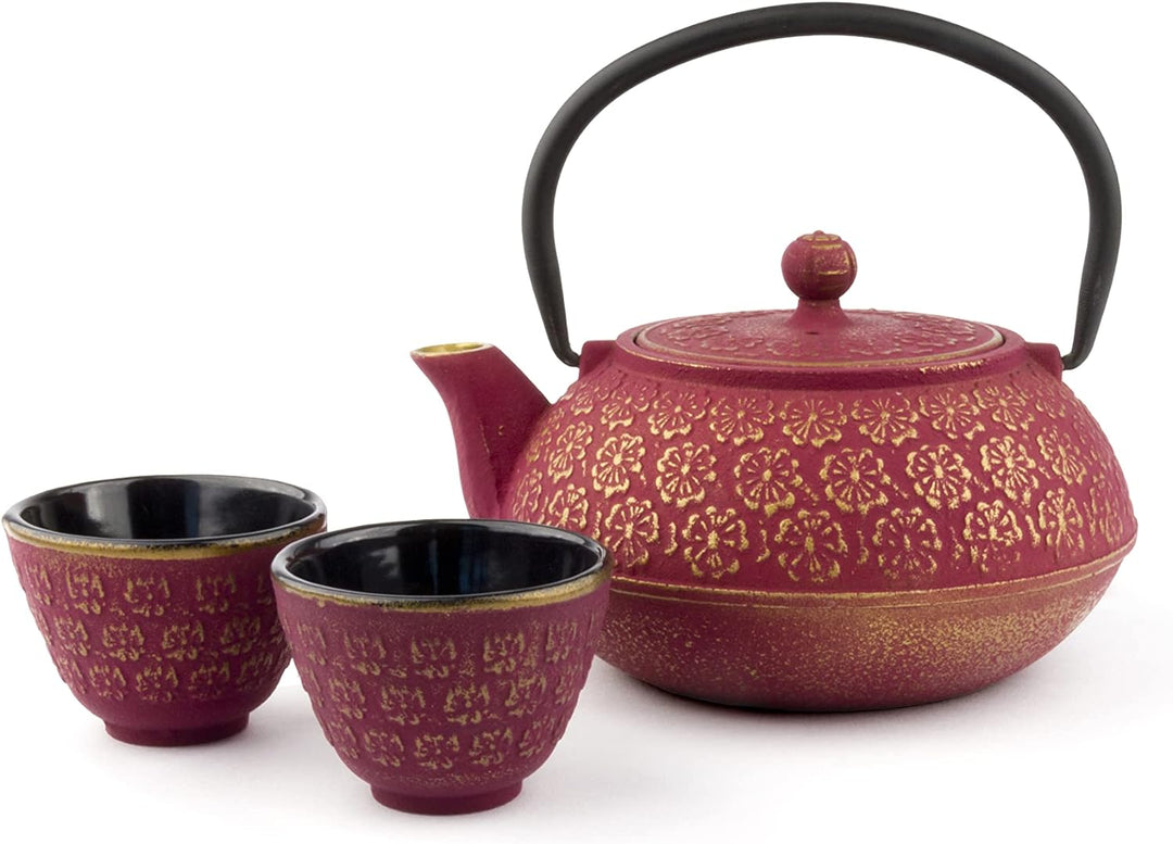 Bredemeijer rotes asiatisches gusseisernes Teekannen Set 0.6 Liter mit 2 Tassen
