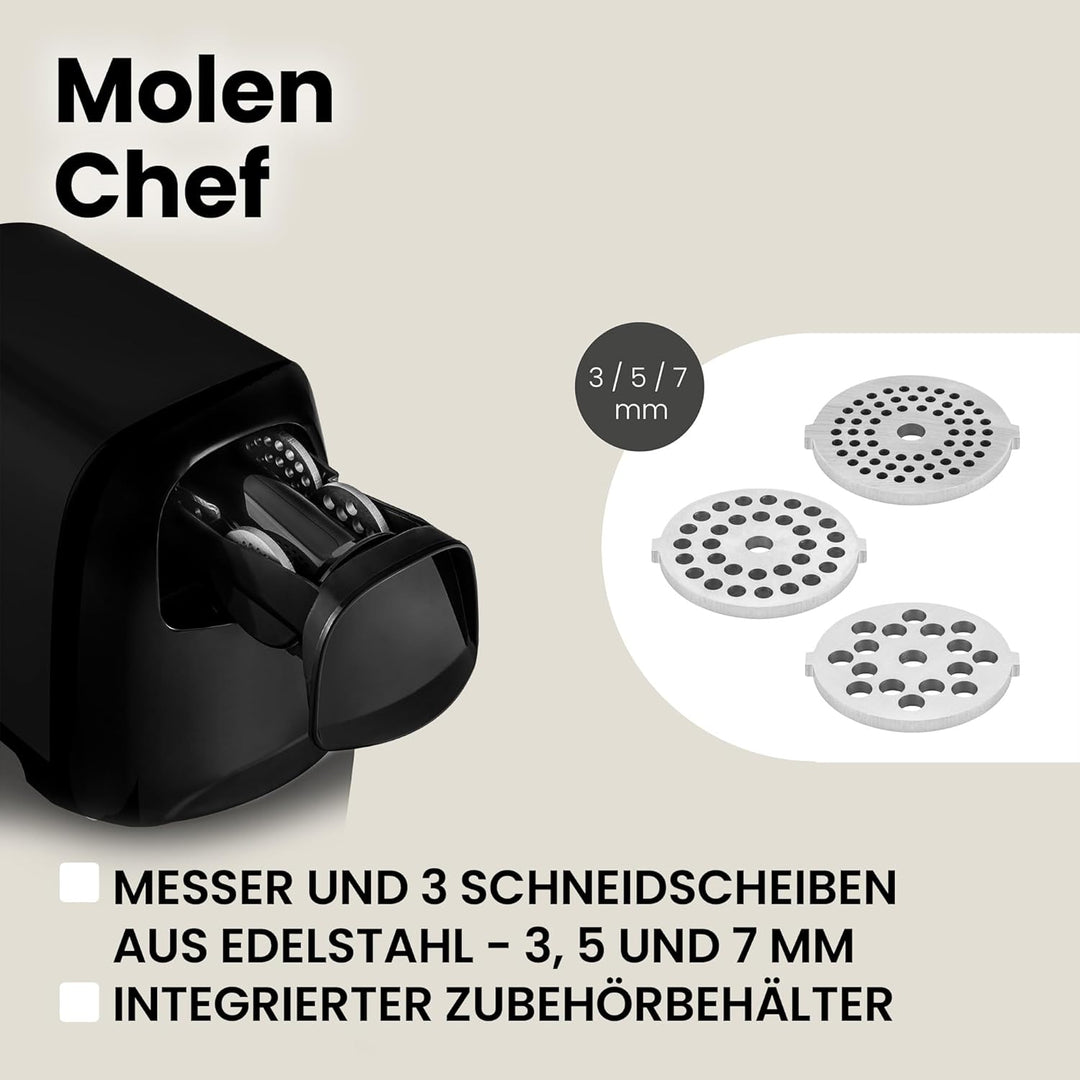 ZEEGMA Molen Chef Elektrischer Fleischwolf, 1900 W mit 3 Schleifplatten aus Edelstahl, 3 kg/min, Wur