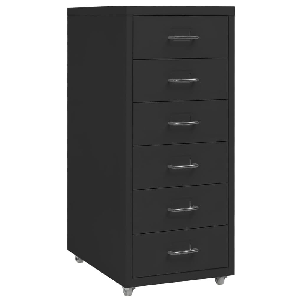 Aktenschrank mit Rollen Schwarz Metall 28x41x69 cm Büroschrank mit 6 Schubladen und Metallgriffen fü