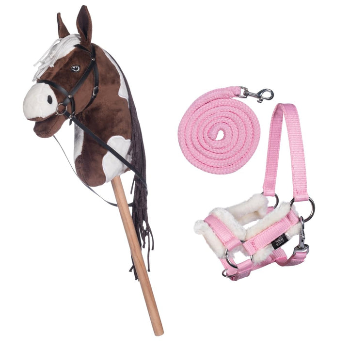 HKM Kids Hobby Horse, Schecke Braun-Weiss, mit Halfter und Führstrick in Rosa, Steckenpferd für Kind