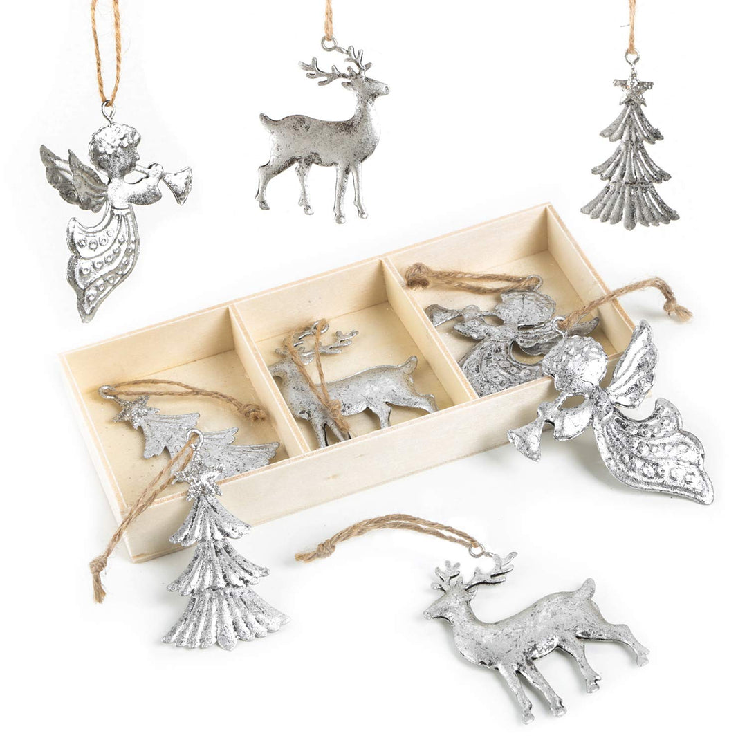9 Weihnachtsanhänger Silber 7 cm – Baum, Hirsch & Engel aus Metall – Deko im Shabby Chic als Baumbeh