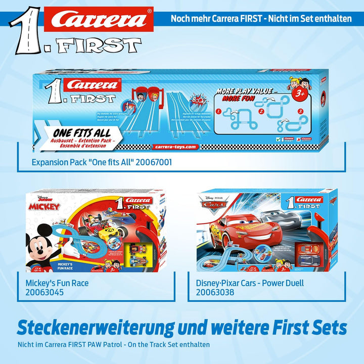 PAW Patrol Carrera First Rennbahnset | Chase & Marshall | 2,4m Strecke | Kreisel für extra Spielpass