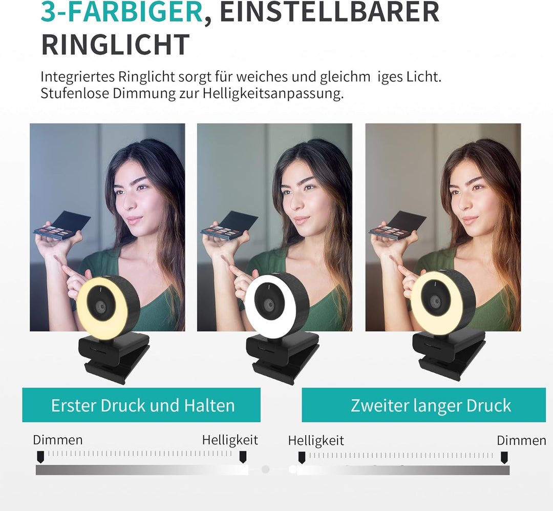 1080P Webcam mit Mikrofon, 60 FPS, Ringlicht mit 3 Lichtmodi, Autofokus, 89° Weitwinkel, Full-HD, Vi