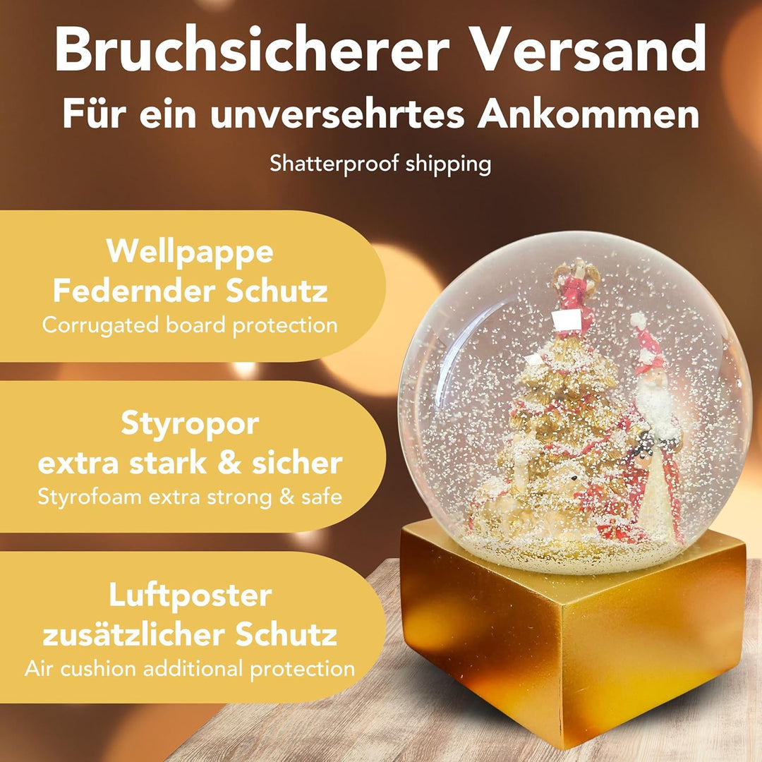 Schneekugel Weihnachten | Weihnachtsmann rot Gold | Sockel Gold eck | H:14 cm B: 12 cm | Santa Schüt