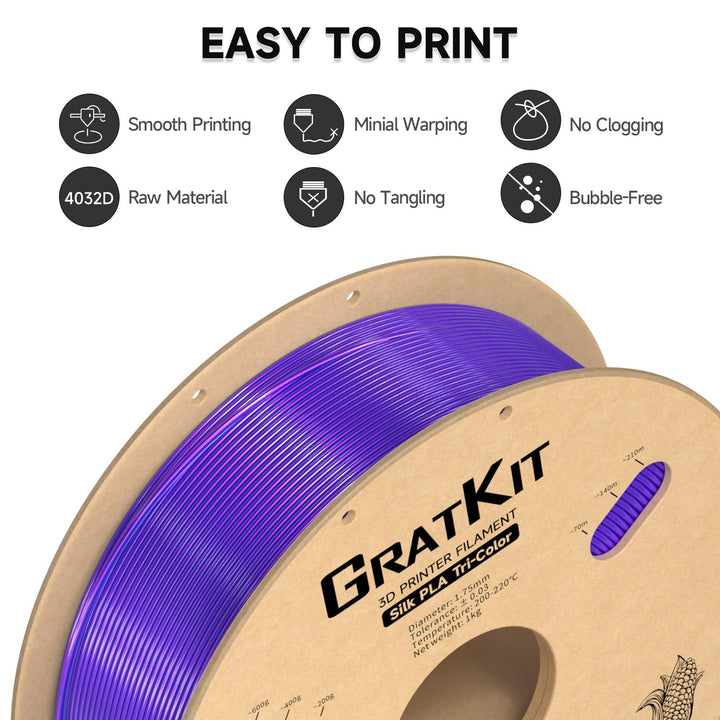 GratKit Tricolor Silk PLA Filament 1,75mm 1kg Spule, Seide Dreifarbiges 3D-Drucker Filament mit +/-0