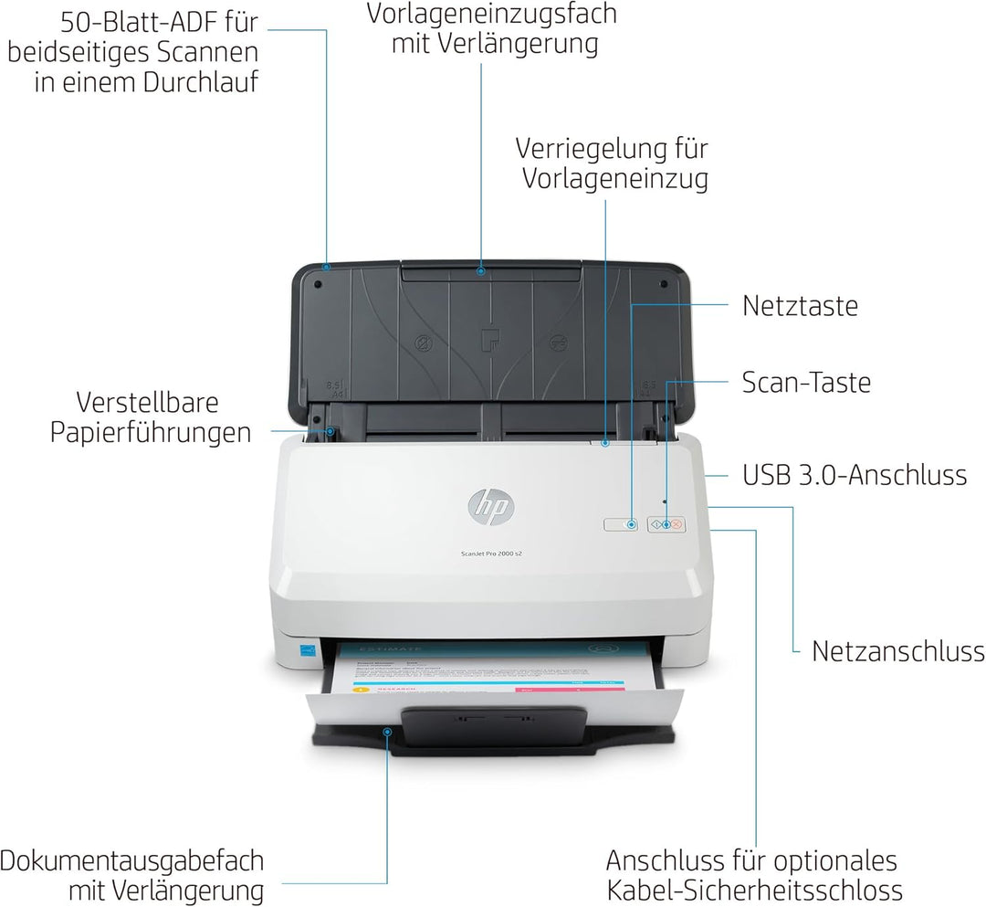 HP ScanJet Pro 2000 s2, Scanner, Einzelblattzufuhr, 50-Blatt ADF, USB 3.0, bis zu 3.500 Seiten tägli