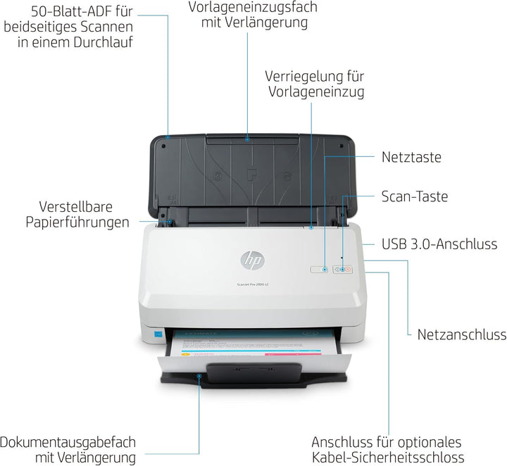 HP ScanJet Pro 2000 s2, Scanner, Einzelblattzufuhr, 50-Blatt ADF, USB 3.0, bis zu 3.500 Seiten tägli