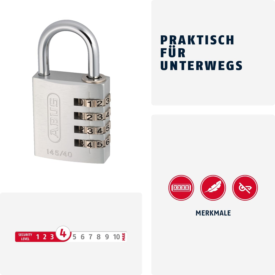 ABUS Zahlenschloss 145/40 Silber - Kofferschloss, Spindschloss u. v. m. - Aluminium-Vorhängeschloss