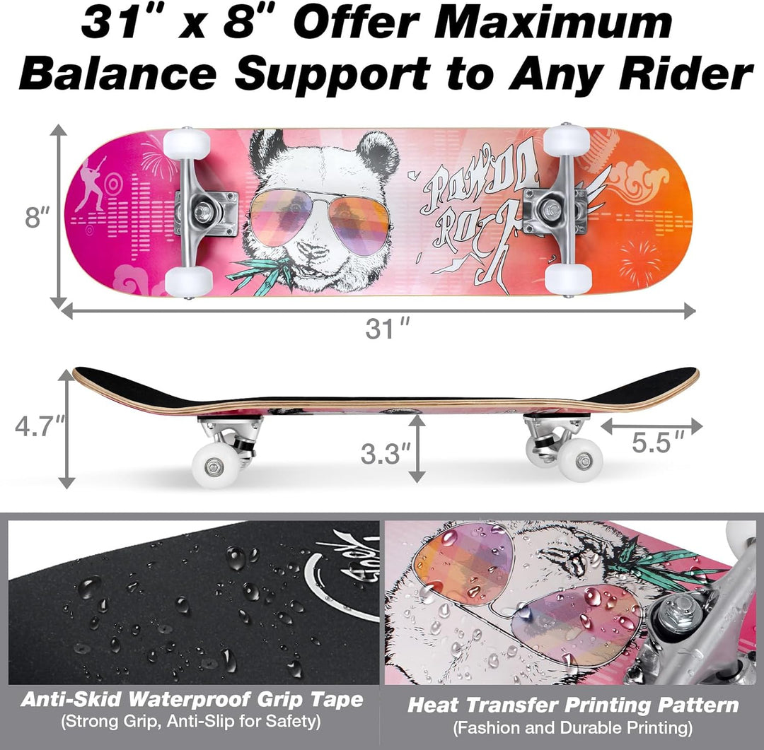 BELEEV Skateboard 31x8 Zoll Komplette Cruiser Skateboard für Kinder Jugendliche Erwachsene, 7-Lagige