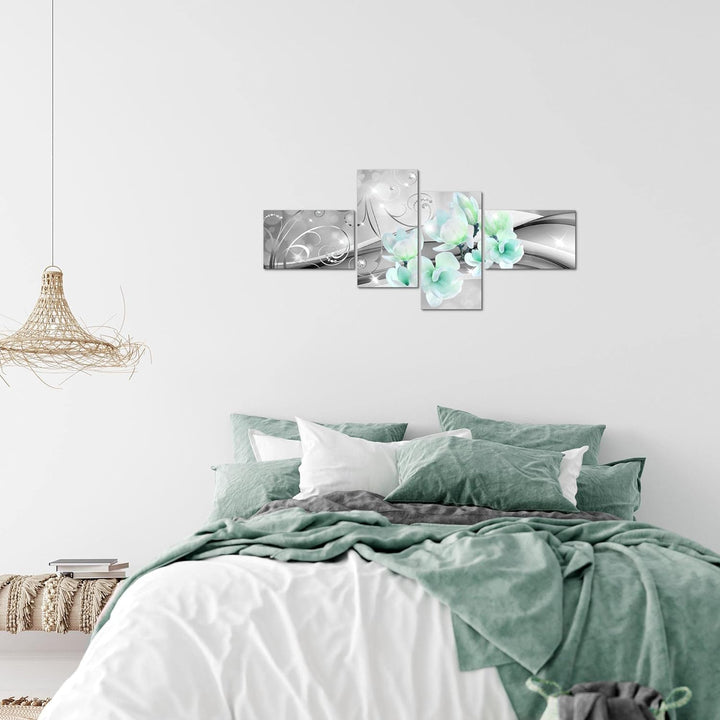 Runa Art Bild Modern Blumen Abstrakt - Made in Germany - Wandbilder Diamant Grau Türkis 4 Teilig 035