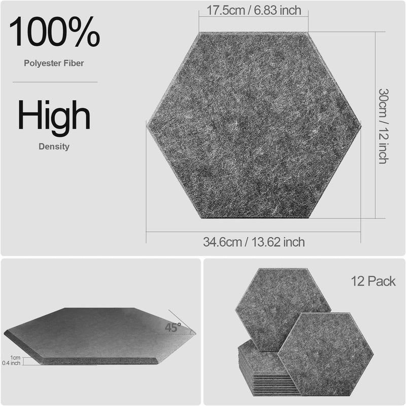 JBER Sechseckige Akustikpaneele, Schalldichtes Interieur, Schallabsorbierende Paneele, 35,6 x 30 x 1