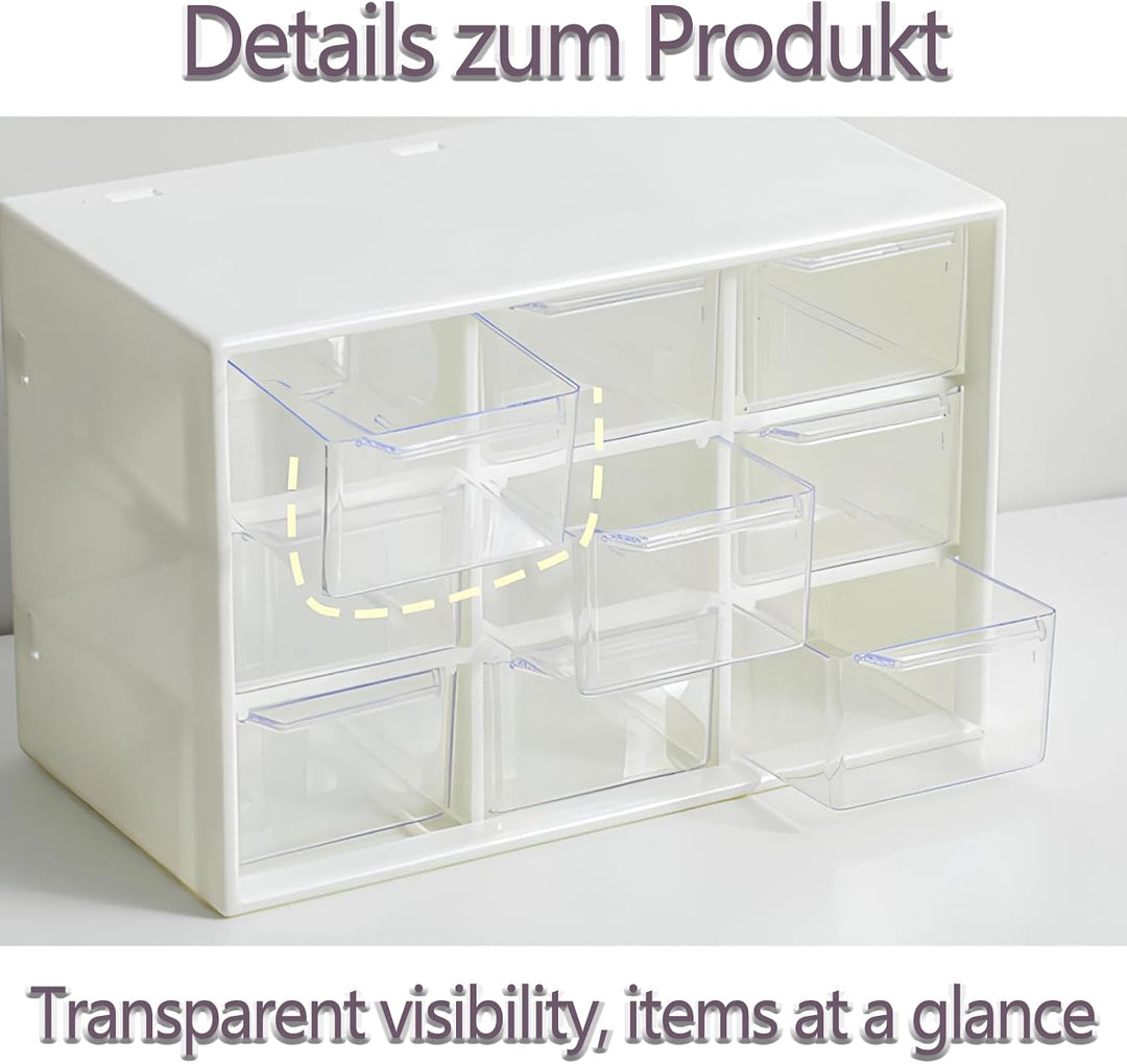 2 Stück Bastelbox Aufbewahrung mit 9 Schubladen, Mini Desktop Schublade Organizer, Stapelbar Desktop
