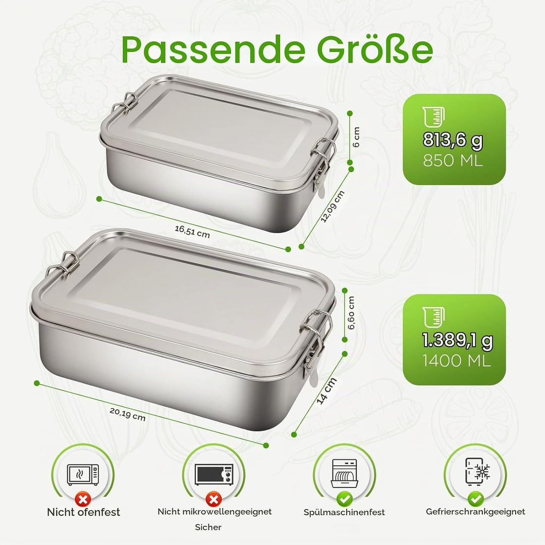 2 Pack 1400/850ml 304 Edelstahl Lunch Box und Lebensmittelbehälter mit Deckel Auslaufsicheres verste