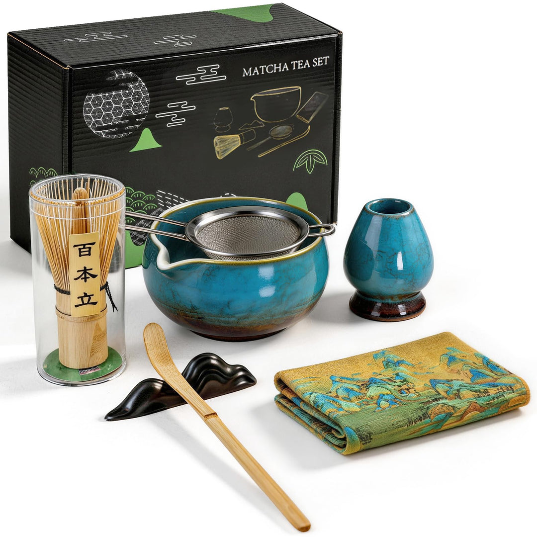 Matcha Set 7-teilig | Premium Tee-Zeremonie Set mit Matcha-Schale, Bambus-Chasen (100+ Spitzen), Hal