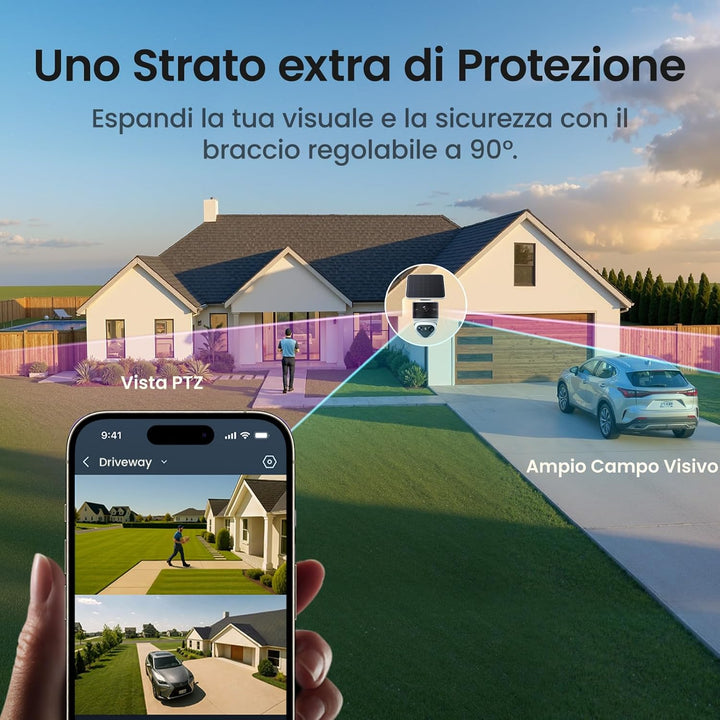 aosu T2 Pro 3K Überwachungskamera Aussen Akku Solar, 360° PTZ + 170° Weitwinkel 5MP Dual-Kamera Tech