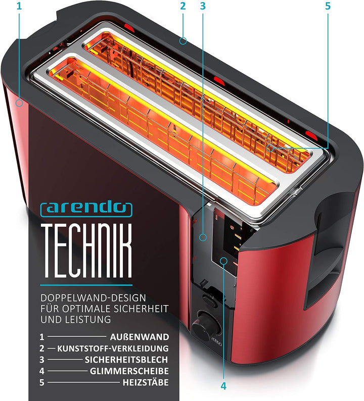 Arendo - Edelstahl Toaster Langschlitz 4 Scheiben - Defrost Funktion - wärmeisolierendes Gehäuse - m