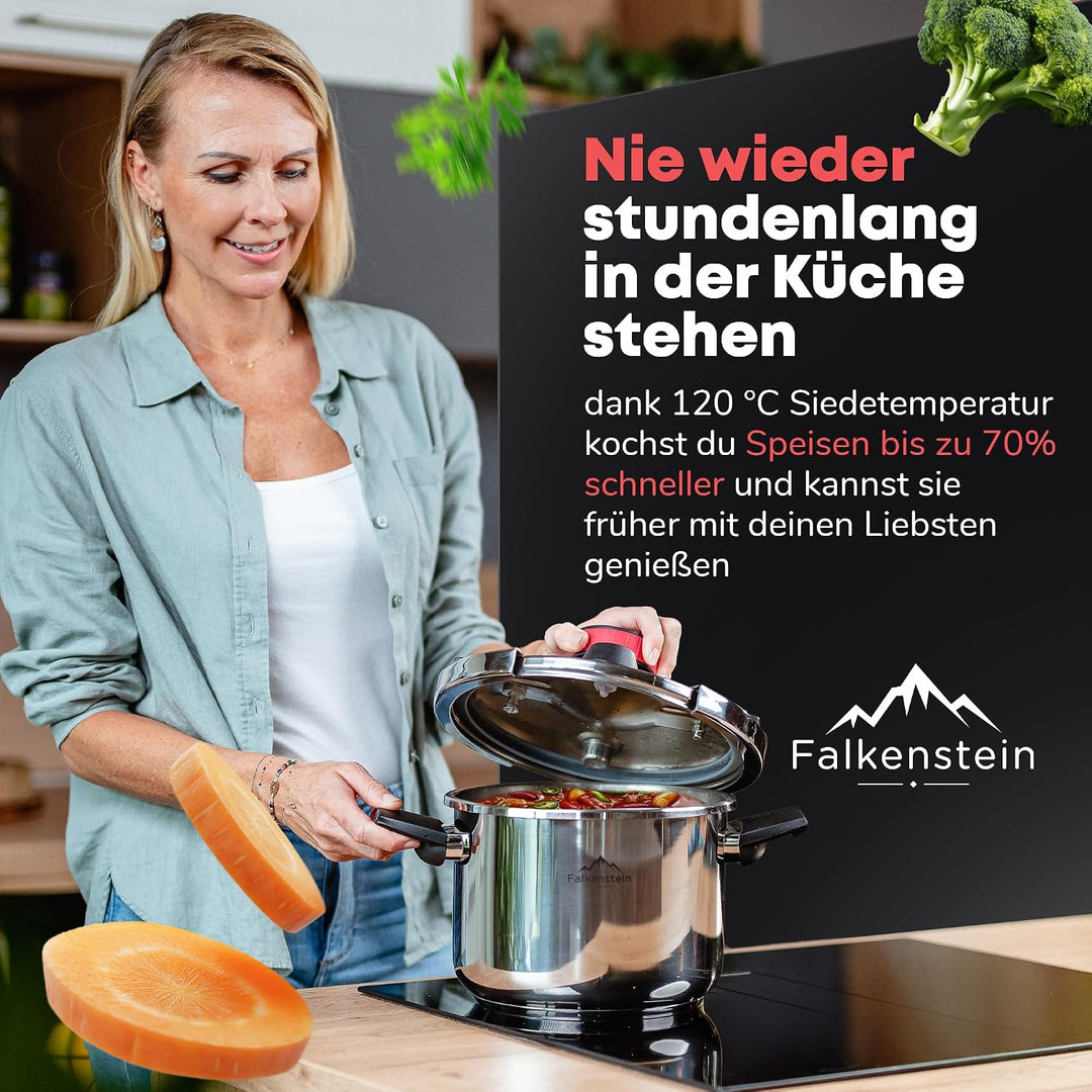 𝐅𝐚𝐥𝐤𝐞𝐧𝐬𝐭𝐞𝐢𝐧 Schnellkochtopf 6l [mit Garkorb], geeignet für alle Herdarten > Pressure Cooker 𝐦𝐢𝐭 𝐊𝐨𝐜𝐡