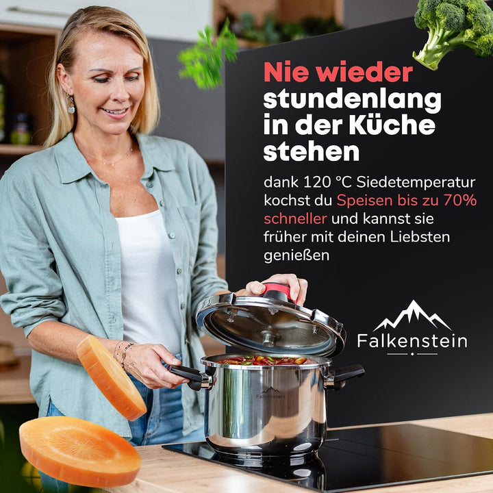 𝐅𝐚𝐥𝐤𝐞𝐧𝐬𝐭𝐞𝐢𝐧 Schnellkochtopf 6l [mit Garkorb], geeignet für alle Herdarten > Pressure Cooker 𝐦𝐢𝐭 𝐊𝐨𝐜𝐡