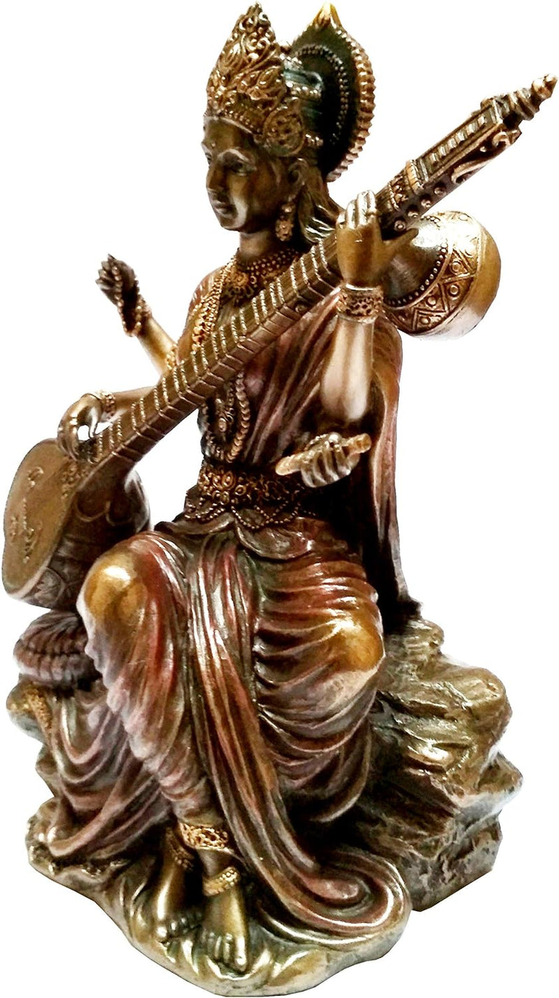 Purpledip Idol Saraswati, Göttin des Wissens, Musik und Kunst: Bronze-Finish Statue für den Tempel z