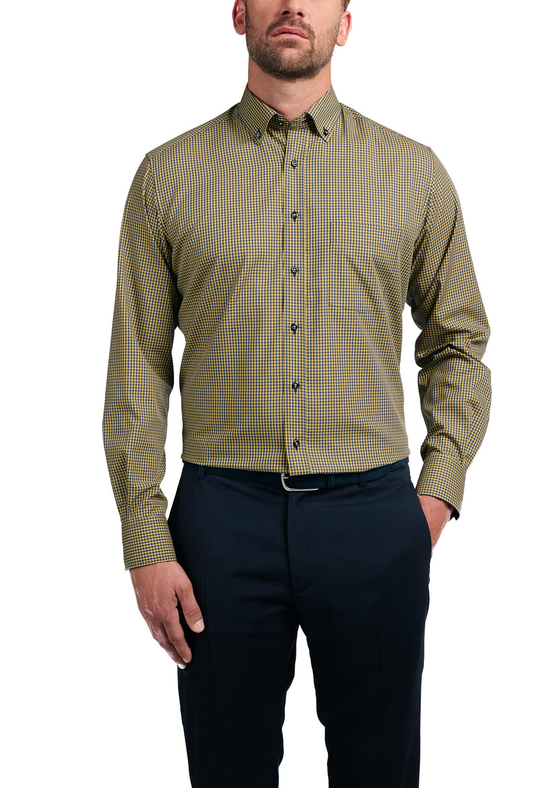 ETERNA Langarm Hemd Karo Popeline mit Tasche, Modern Fit 41 Gelb, 41 Gelb