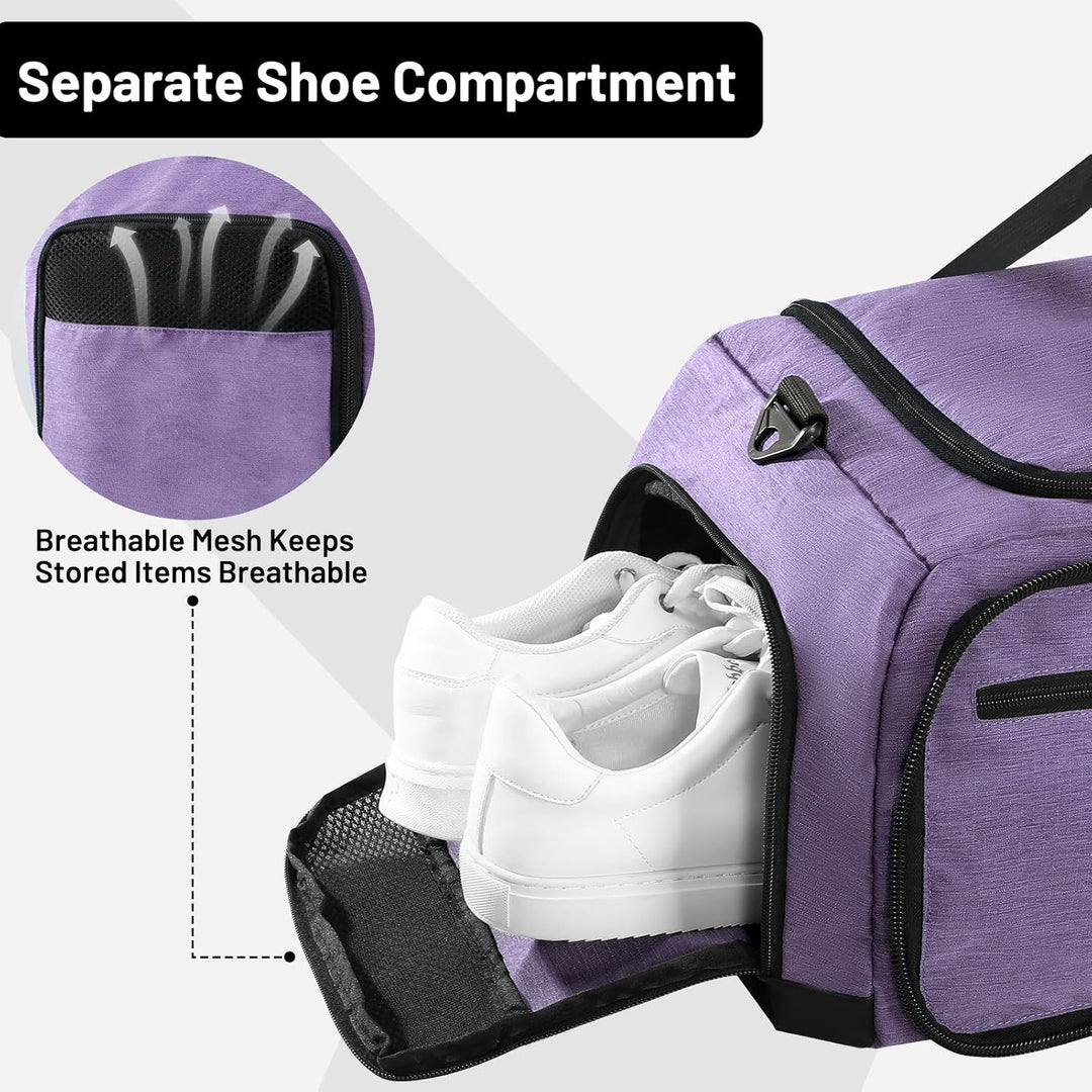 MIER Sporttasche 50L faltbar, Reisetasche mit Schuhfach, Weekender, Lila | Separates belüftetes Schu