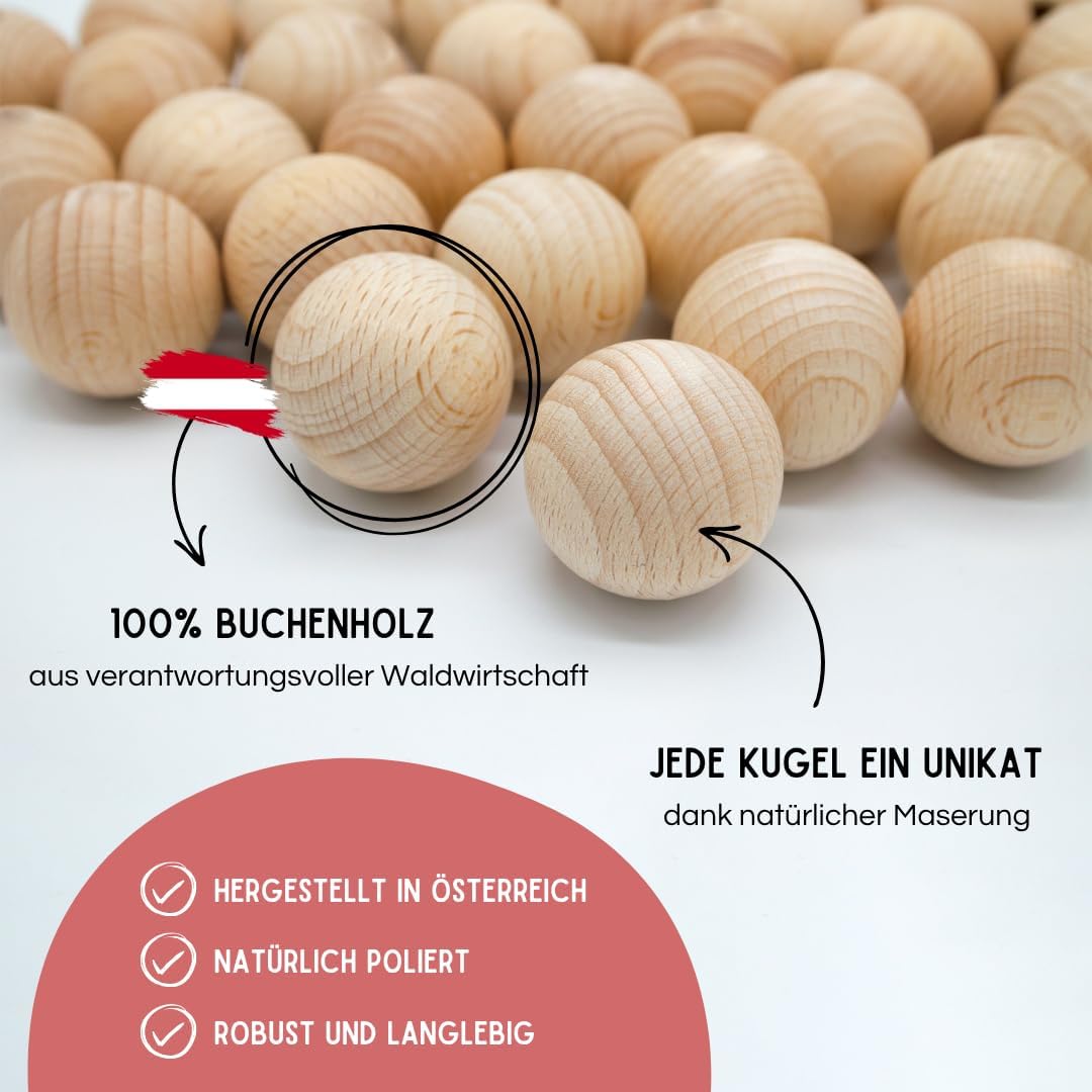 EV® Holzkugeln ohne Loch - 12 Stück 50mm Durchmesser - Made in Austria - Grosse Holzperlen ohne Bohr
