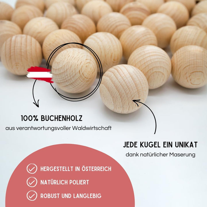 EV® Holzkugeln ohne Loch - 12 Stück 50mm Durchmesser - Made in Austria - Grosse Holzperlen ohne Bohr