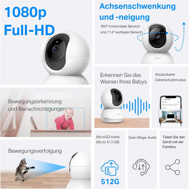 Tapo C200C 360°-WLAN-Überwachungskamera für den Innenbereich, 1080P, Nachtsicht, Bewegungserkennung,