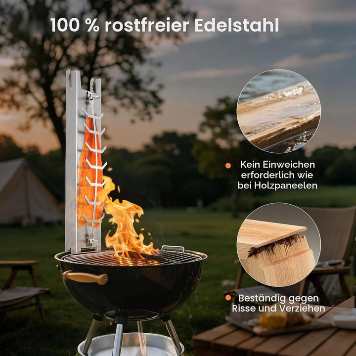 Flammlachsbrett Edelstahl, Flammlachsbrett für Feuerschale, 180° Drehbar, mit Verbrühungssicherer Ha