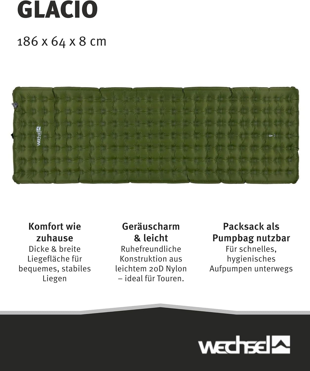Wechsel Trekking Isomatte Glacio I 186 x 64 x 8 cm I Thermomatte mit hoher Isolationsfähigkeit I wär