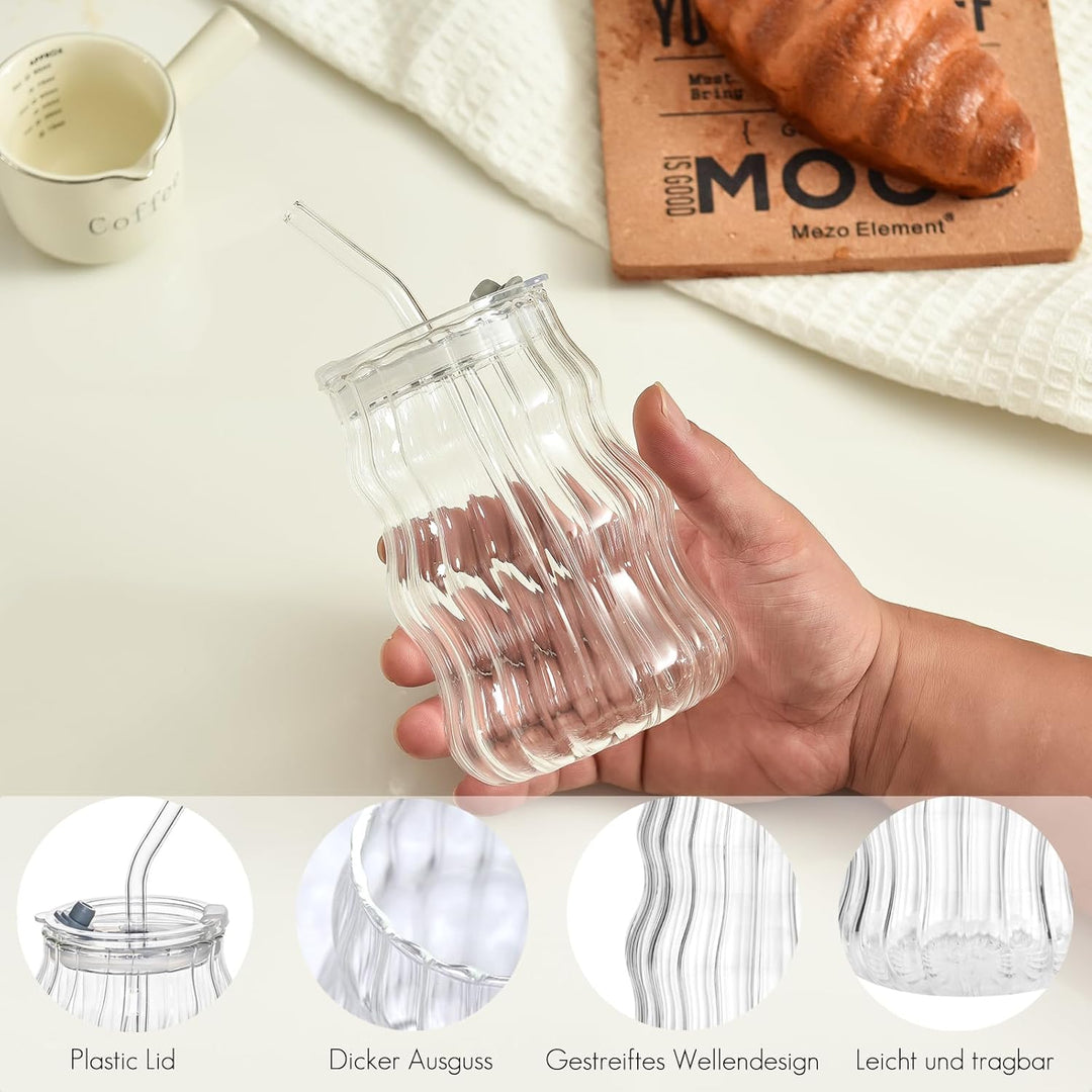 VITEVER 2 Stück 530ml Latte Macchiato Gläser mit Deckel und Strohhalm, Eiskaffee Gläser, Longdrinkgl