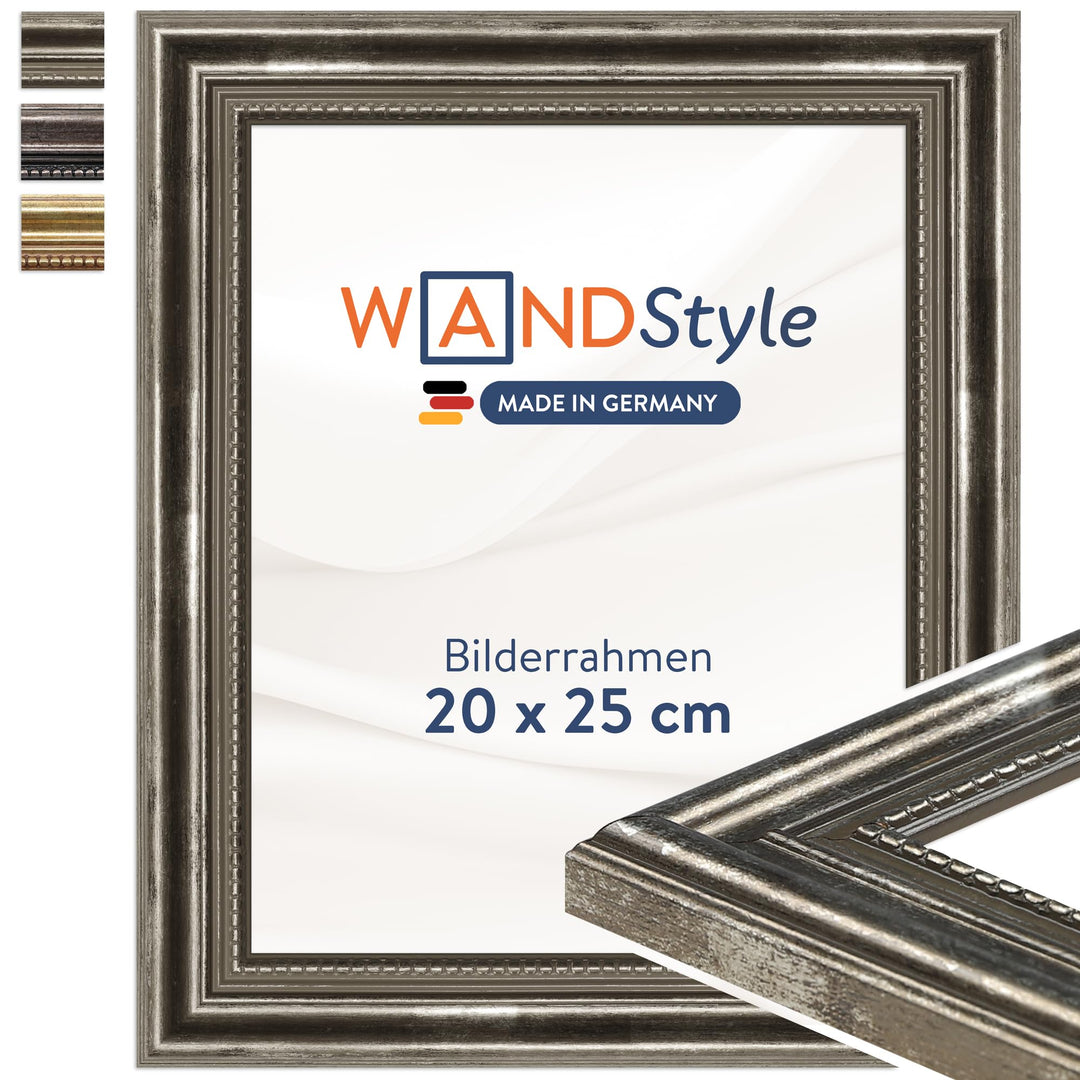 WANDStyle Bilderrahmen Silber 20x25 cm aus Holz im Barock-Stil zum Aufhängen, Fotorahmen Made in Ger