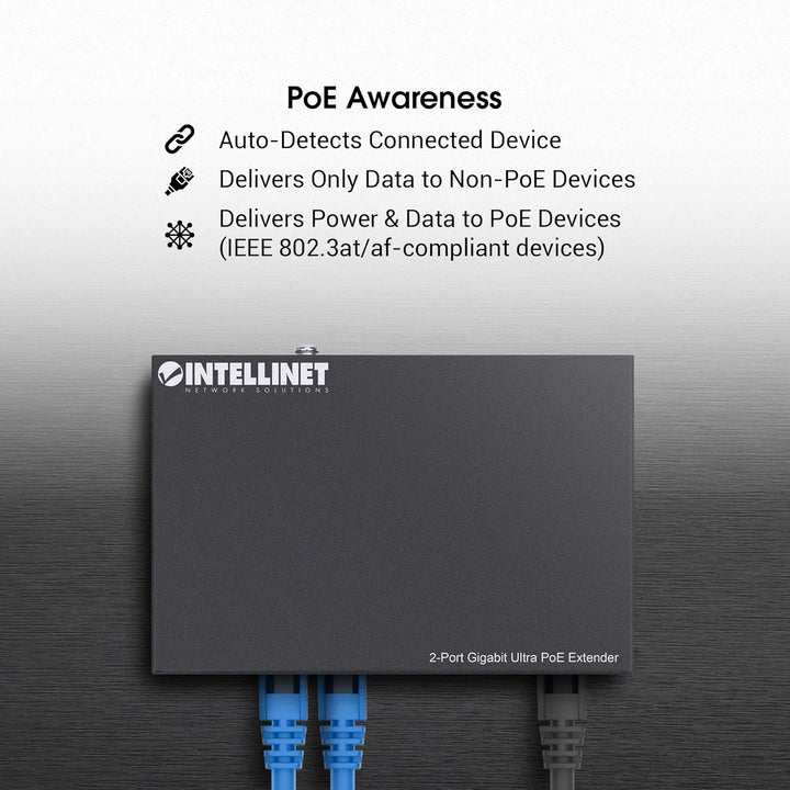 INTELLINET 2-Port Gigabit Ultra PoE-Extender 60W um 100m, Schwarz