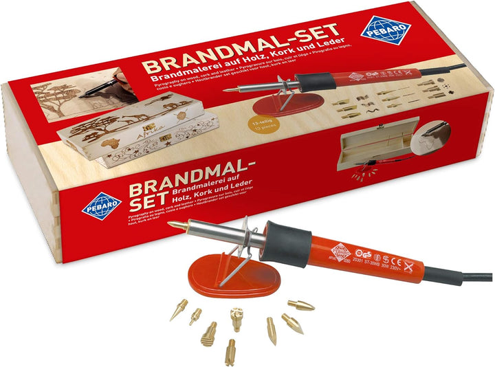 Pebaro 0266 Brandmalkolben, 6 Brennspitzen, 3 Brennstempel in praktischer Holzbox, Brandmalerei, Pyr