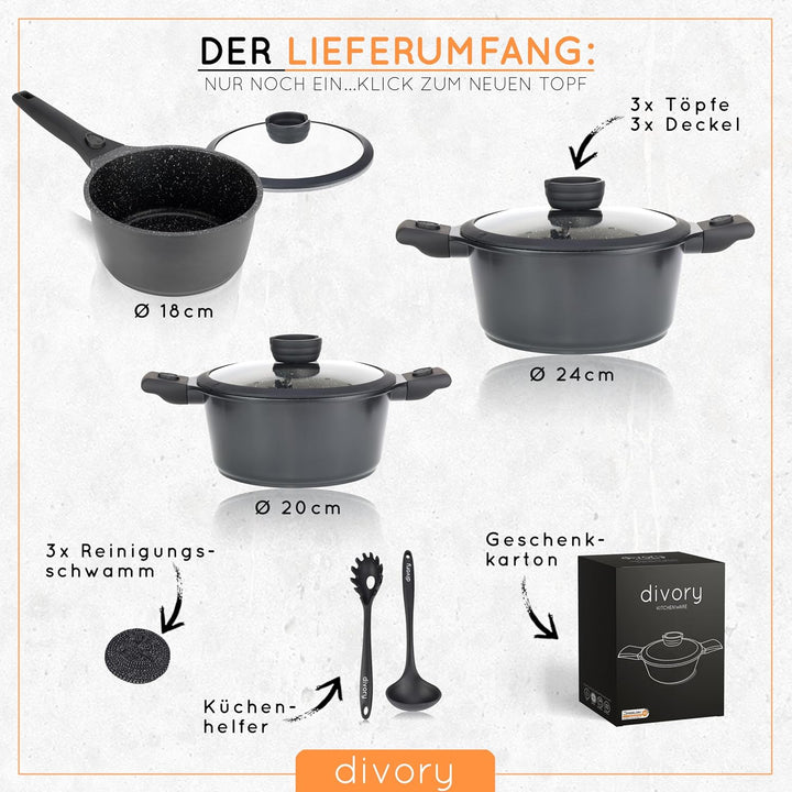 DIVORY Topfset - 8-teilig - Stielkasserolle 18 cm, Kochtopf 20 cm, Topf 24 cm, mit Deckel, Induktion