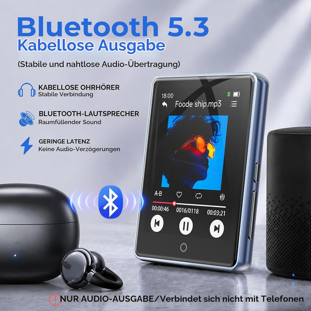 MP3 Player Bluetooth 5.3 mit 2.8 Zoll Voller Touchscreen Lautsprecher, 32GB (Unterstützt bis zu 128