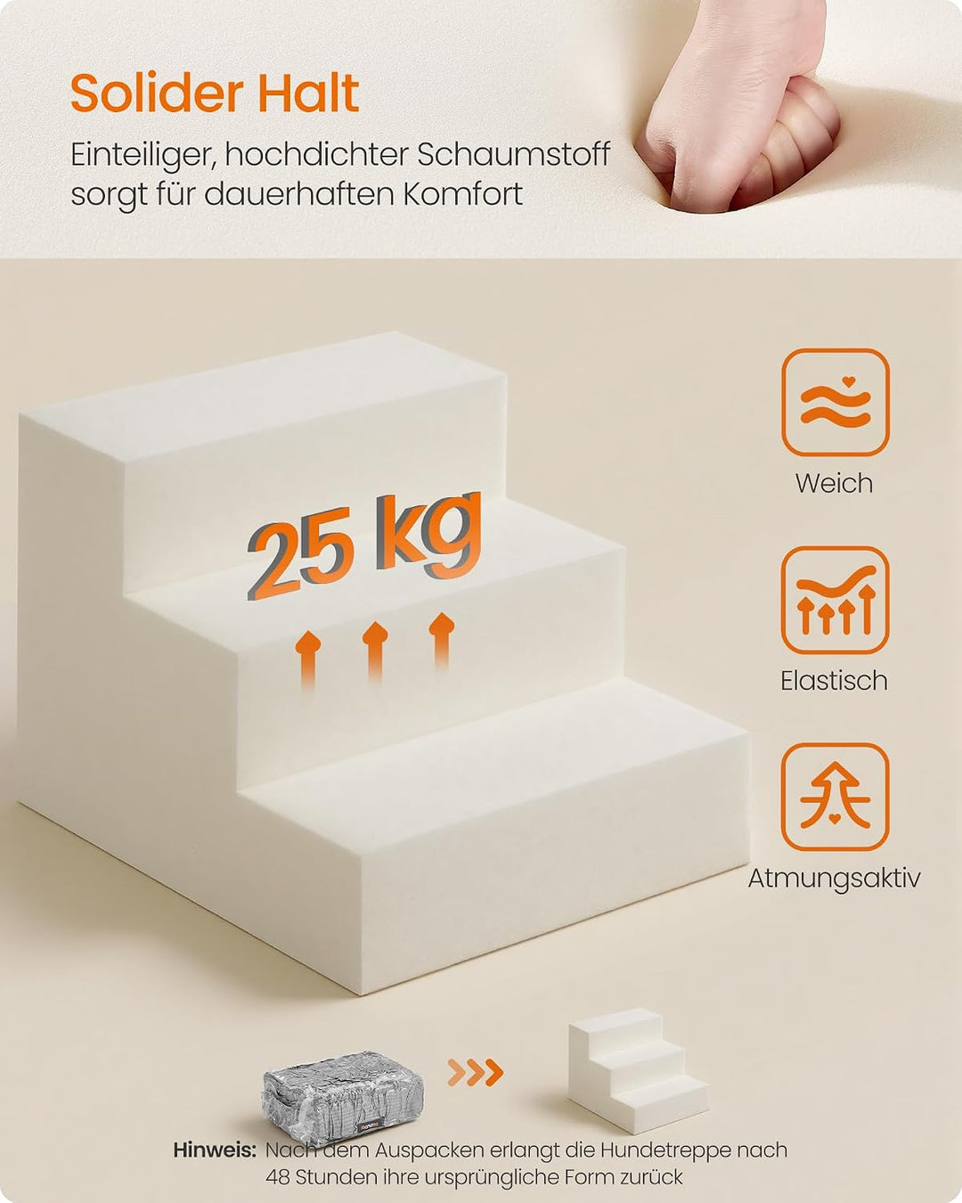 Feandrea Hundetreppe, 3 Stufen Katzentreppe aus Schaumstoff, Hunderampe für Kleine Hunde, 46 x 40 x
